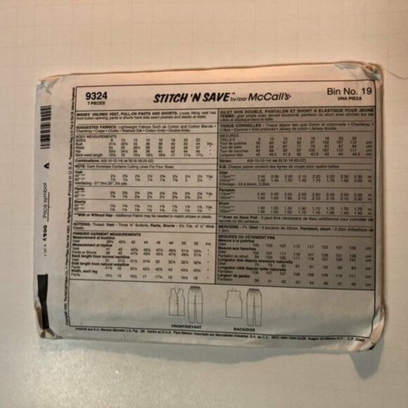 Vintage McCalls Sewing Pattern 9324 Misses Vest Pants Shorts Size 16-22 - Picture 2 of 2